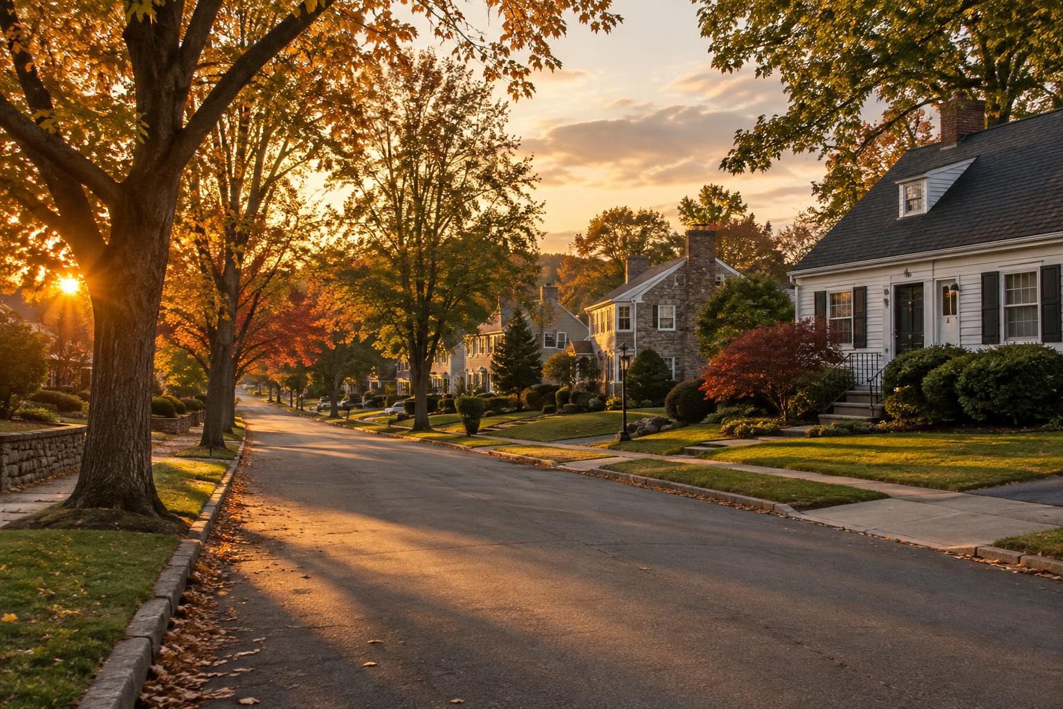 A Central Pennsylvania suburban neighborhood street at golden hour, illustrative