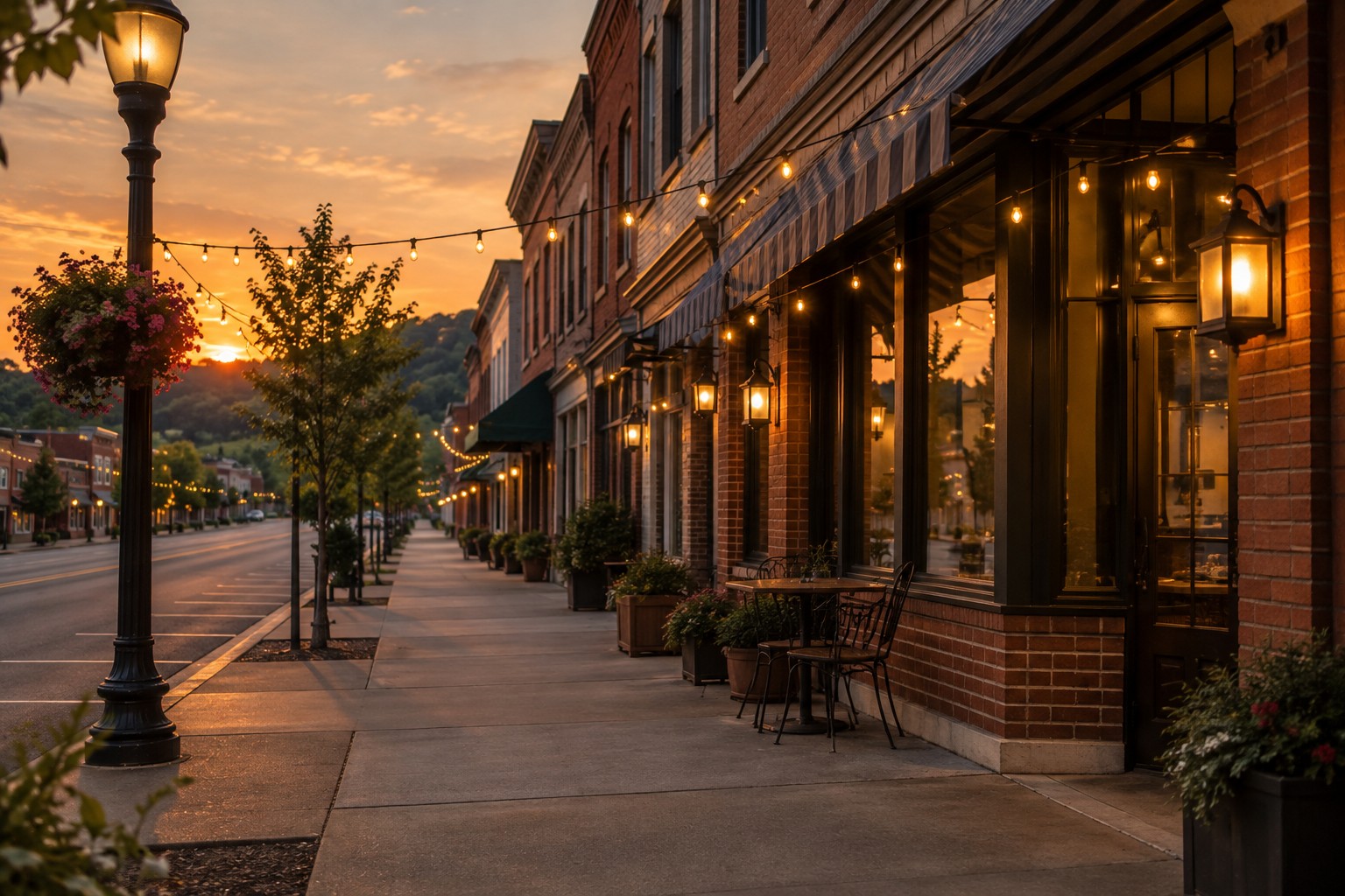 A small Central Pennsylvania town main street at golden hour, illustrative