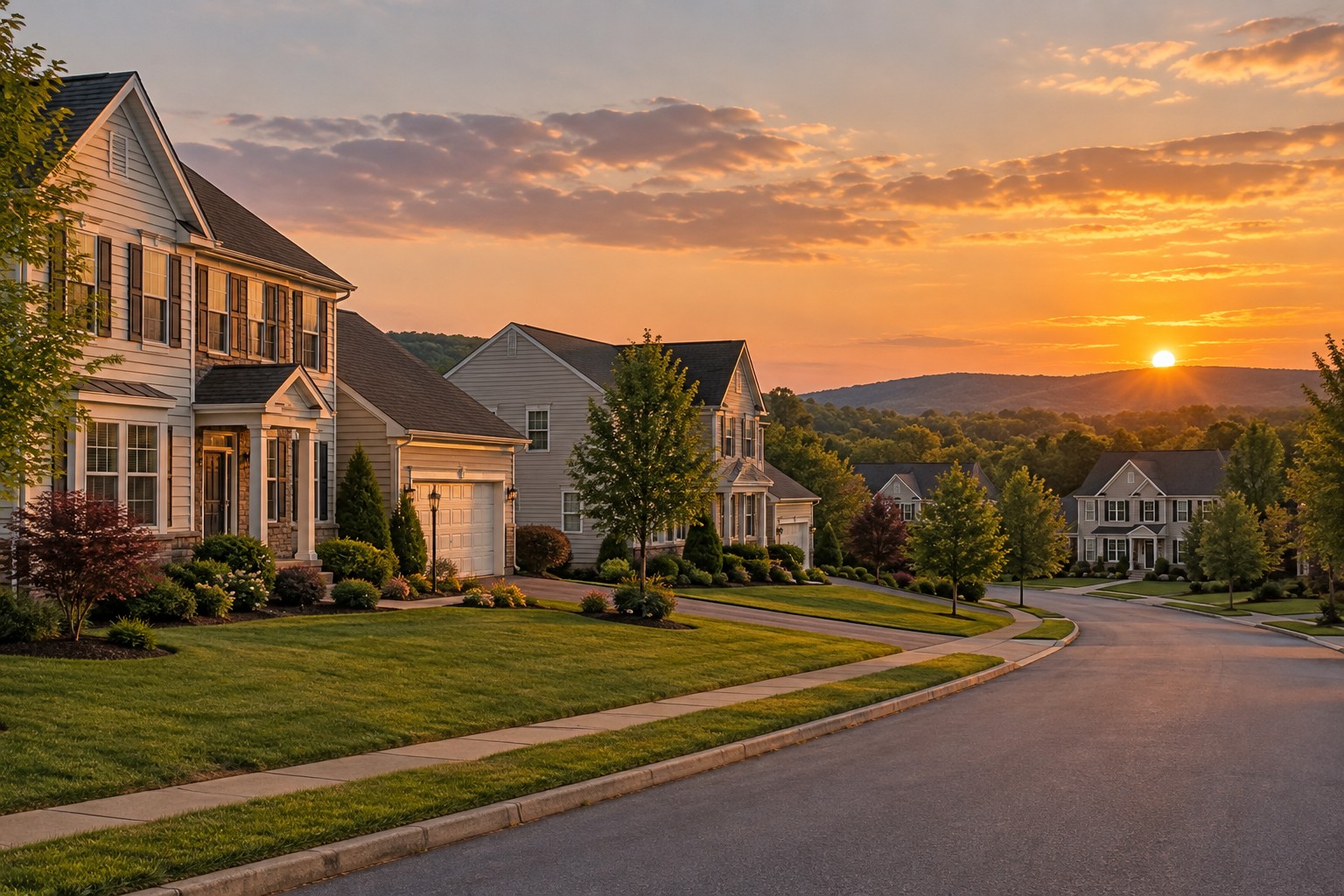 Suburban Central Pennsylvania homes along a quiet street at sunset, illustrative